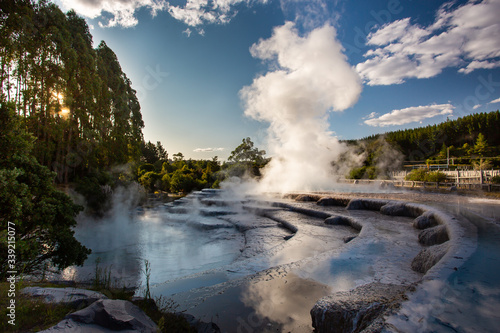 Wairakei terraces - Volcanic heated water rises in plumes near Taupo, on New Zealand`s North Island