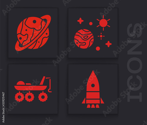 Set Rocket ship, Planet Saturn, Space and planet and Mars rover icon. Vector