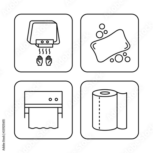 Tools icons to stay clean and healthy: soap, hand dryer, dispenser and paper towel