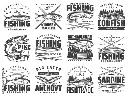 Fishing sport club badges, fishes and rod hooks tackle vector icons. Fisherman tournament of big fish catch, ocean tuna, sea bass and horse mackerel, sardines and ocean anchovy, river pike and catfish
