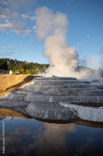 Wairakei terraces - Volcanic heated water rises in plumes near Taupo, on New Zealand`s North Island