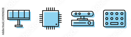 Set line Motion sensor, Solar energy panel, Processor with microcircuits CPU and Pills in blister pack icon. Vector