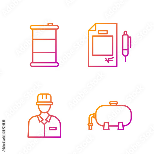 Set line Oil industrial factory building, Oilman, Barrel oil and Contract money and pen. Gradient color icons. Vector