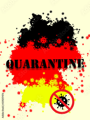 Germany colored in colors of national flag and coronavirus - concept of spreading of virus. Cancelling  isolation  quarntined  wordwide epidemic. Stay safe. Prevention  safety  COVID pandemic concept.