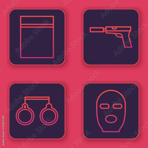 Set line Plastic bag with ziplock, Handcuffs, Pistol or gun with silencer and Thief mask. Blue square button. Vector