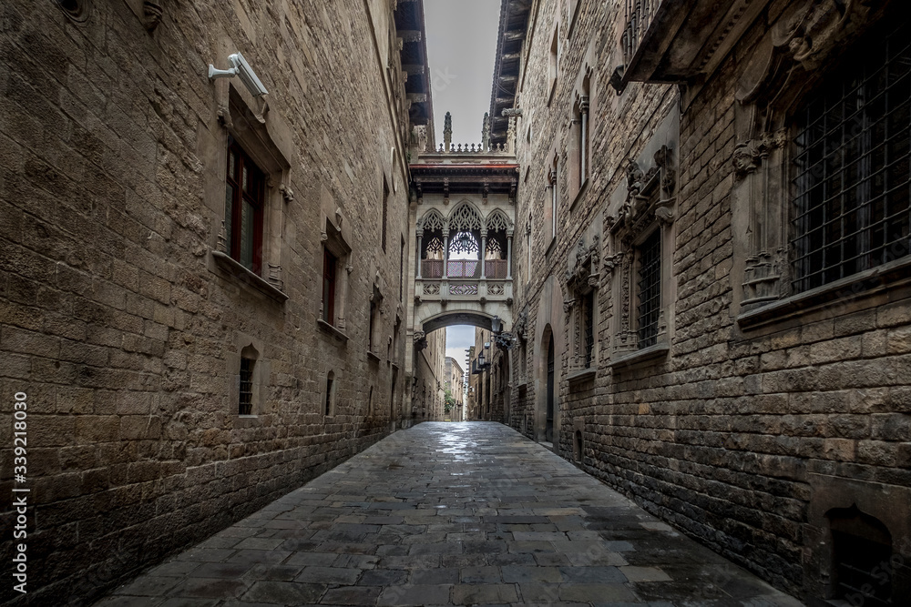 Barcelona, Catalonia / Spain: 04 09 2020: empty streets in the Bisbe street, in the Gothic Quarter in the city of Barcelona during the covid-19 coronavirus pandemic