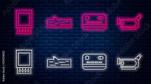 Set line Wooden log, Credit card, Open matchbox and matches and Cinema camera. Glowing neon icon on brick wall. Vector