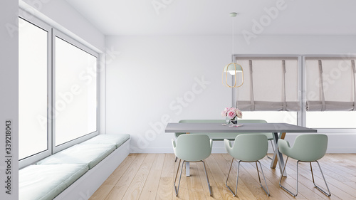 Modern dining room with comfy upholstered window seats, large window nook, roman blinds and sage green chairs, 3d rendering, 3d illustration