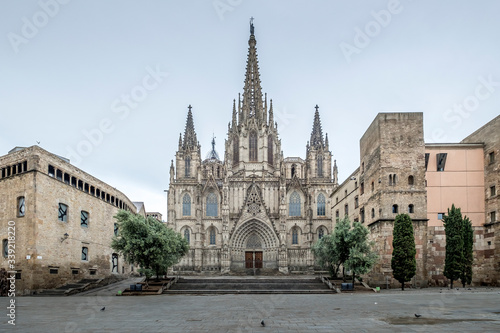 Barcelona, Catalonia / Spain: 04 09 2020: empty streets with the city's cathedral in the background in the city of Barcelona during the covid-19 coronavirus pandemic