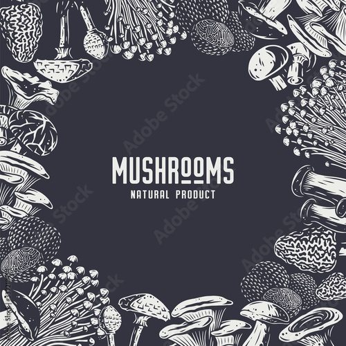Autumn forest mushroom picking, vegan menu frame