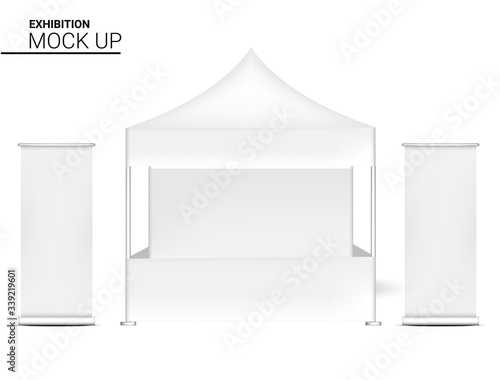 3D Mock up Realistic Booth Display POP for Shop Sale Marketing Promotion Exhibition with Roll up Banner Template Background Illustration