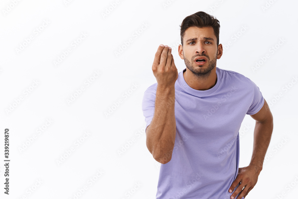 Pissed sexy guy with beard in purple t-shirt shaking fingers in italian gesture, where is my money or what do you want, frowning bothered, standing questioned and disappointed, white background Pissed sexy guy with beard in purple t-shirt shaking fingers in italian gesture, where is my money or what do you want, frowning bothered, standing questioned and disappointed, white background