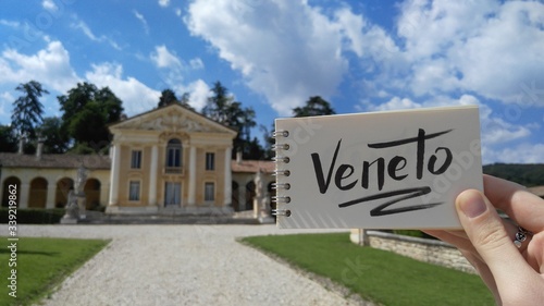Villa Barbaro designed by Andrea Palladio architect, year 1560, in Maser, Veneto, Italy. View with calligraphic inscription 