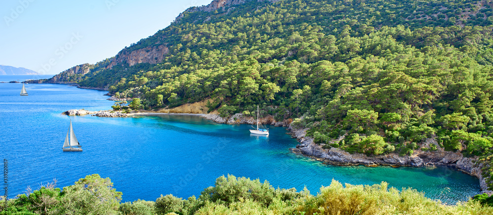 Panoramic view from Gemile or Gemiler Bay in Fethiye, Turkey