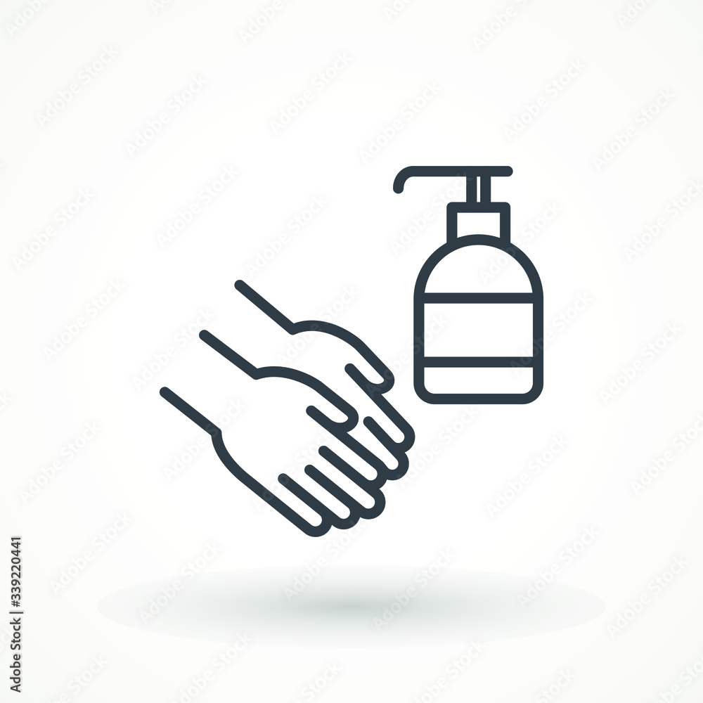 Disinfection. Hand soap linear icon. Hand sanitizer bottle icon, washing gel. Anti-Bacterial Sanitizer Spray gel dispenser hygiene Health care Disinfection. Hand soap linear icon. Hand sanitizer bottle icon, washing gel. Anti-Bacterial Sanitizer Spray gel dispenser hygiene Health care