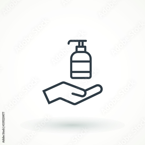 Disinfection. Hand soap linear icon. Hand sanitizer bottle icon, washing gel. Anti-Bacterial Sanitizer Spray gel dispenser hygiene Health care