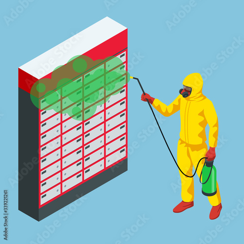 Isometric man wearing a protective suit disinfects metal mailboxest with a spray gun. Virus pandemic COVID-19. Prevention against Coronavirus disease COVID-19.