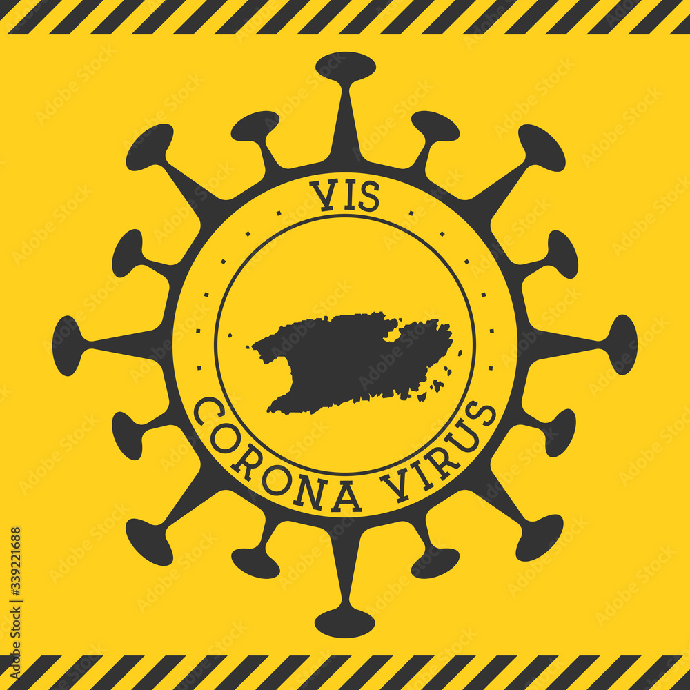 Corona virus in Vis sign. Round badge with shape of virus and Vis map. Yellow island epidemy lock down stamp. Vector illustration.