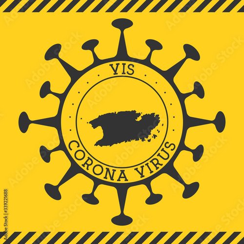 Corona virus in Vis sign. Round badge with shape of virus and Vis map. Yellow island epidemic lockdown stamp. Vector illustration.