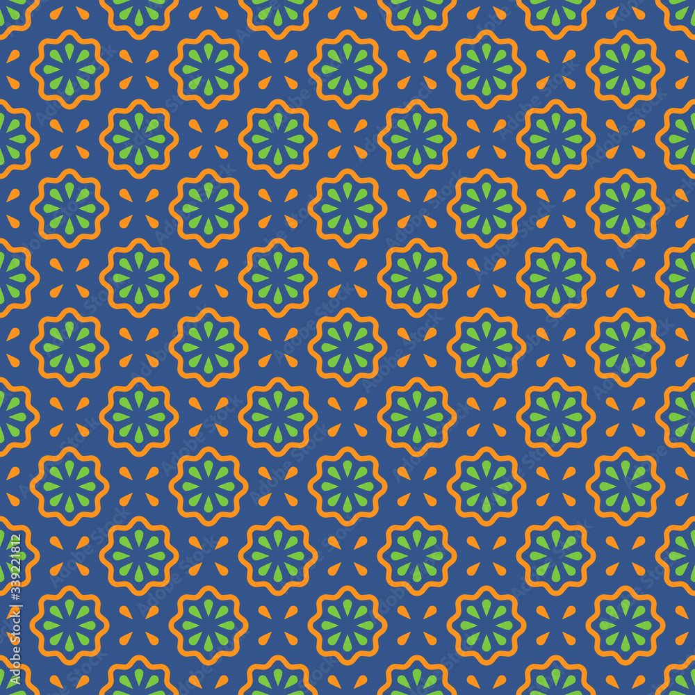 Vector seamless pattern. Abstract simple flower design. Orange and green elements on a blue background. Modern minimal illustration perfect for backdrop graphic design, textiles, print, packing, etc.