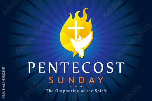 Pentecost Sunday banner with Holy Spirit in flame. Template invitation for Pentecost day with dove in tongues fire and text - The Outpouring of the Spirit. Vector illustration