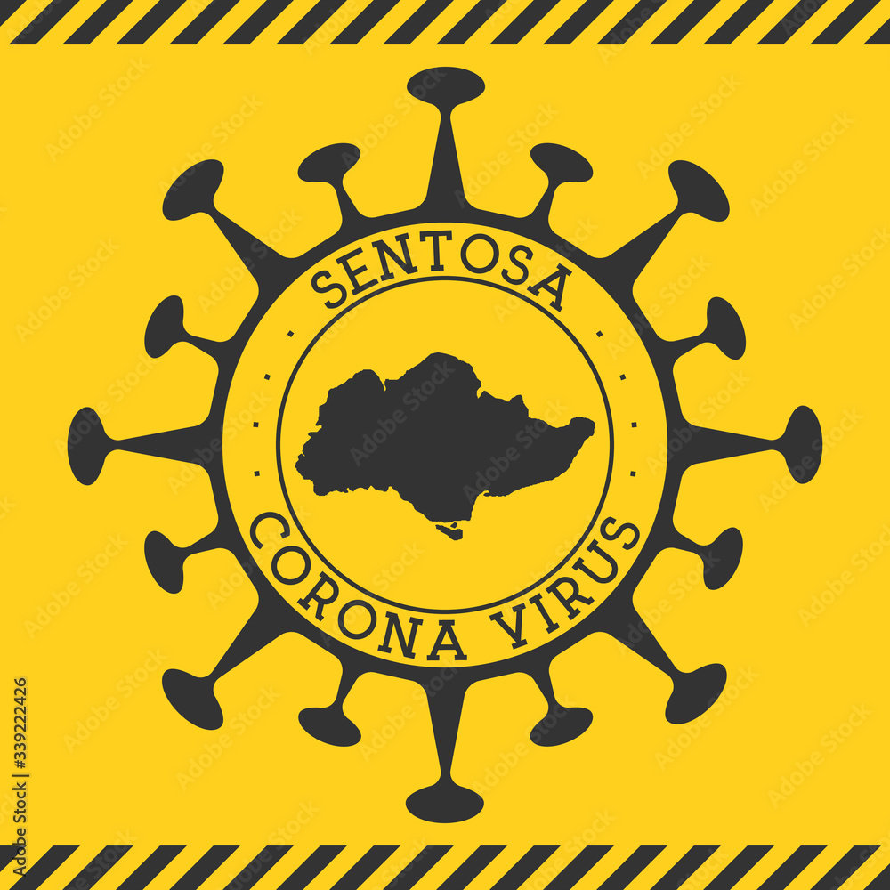 Corona virus in Sentosa sign. Round badge with shape of virus and Sentosa map. Yellow island epidemy lock down stamp. Vector illustration.