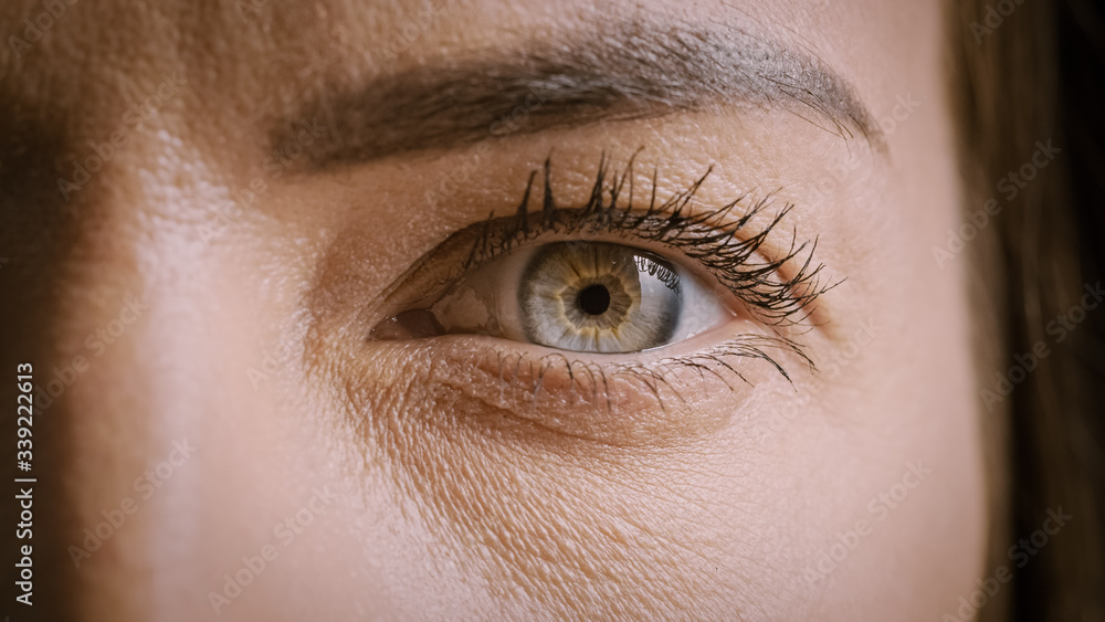 Obraz premium Close Up Macro Shot of an Eye. Young Beatiful Female with Opened Eye Showing Her Light Blue, Yellow and Brown Color Pigmentation on the Iris. Mascara is Applied to Eyelashes. Dilating Black Pupil.