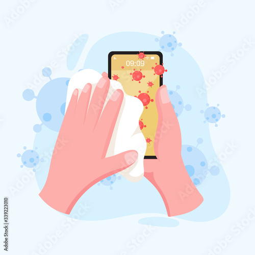 hand holding and cleaning mobile phone screen with a napkin in flat style. stay safe for protect coronavirus. covid-19 outbreaking and pandemic attack concept. 
