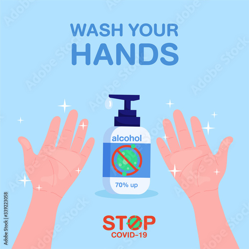 washing hands with alcohol gel in flat style. coronavirus or covid-19 outbreaking and pandemic attack concept. 