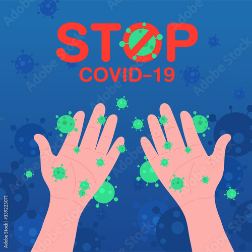 coronavirus spread on hand in flat style. washing hands concept. coronavirus or covid-19 outbreaking and pandemic attack concept. 