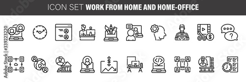 Work from home line icon set. Included icons as self quarantine, stay home, working, online, video conference, office and more.