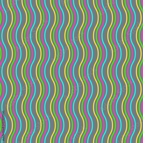 Vector Seamless Pattern. Colorful vertical wavy lines on a grey background. Simple modern illustration great for festive background, design greeting cards, textiles, packing, wallpaper, etc.