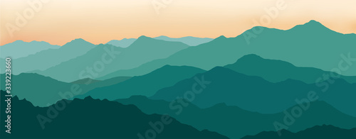 Vector Illustration Of Beautiful Dark Green Mountain Landscape With Fog And Forest. Sunrise And Sunset In Mountains.