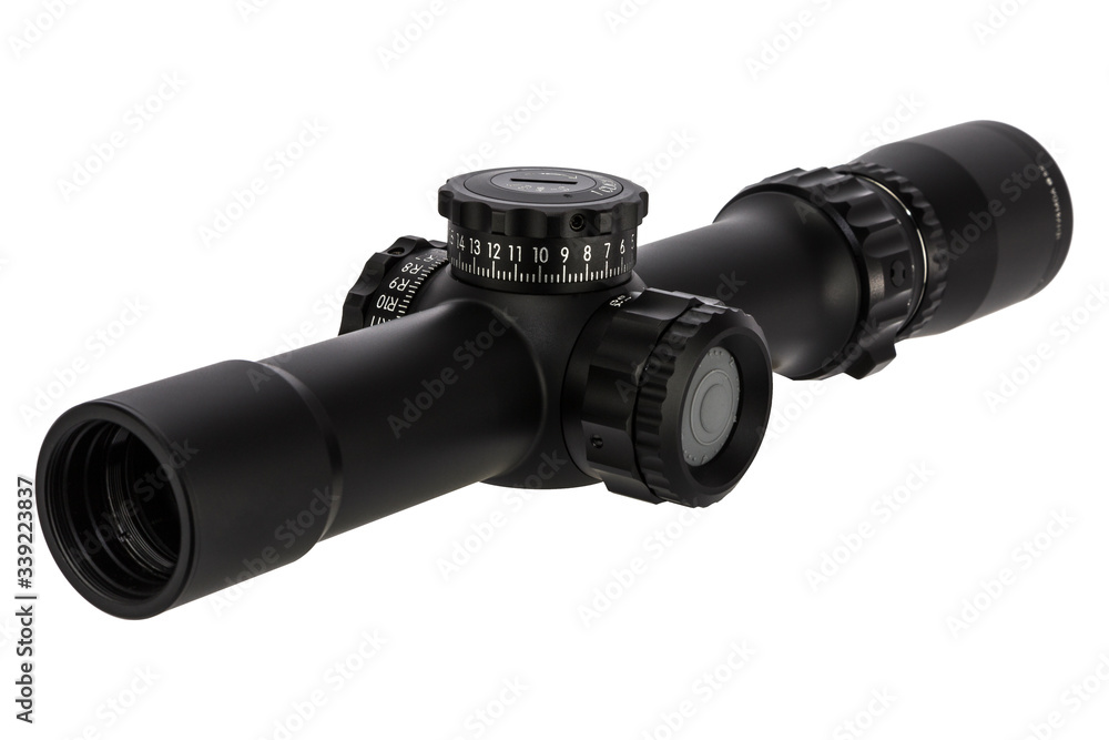 black optical sight for hunting on a white background