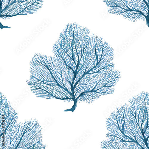 Beautiful seamless pattern with underwater watercolor sea life corals. Stock illustration.