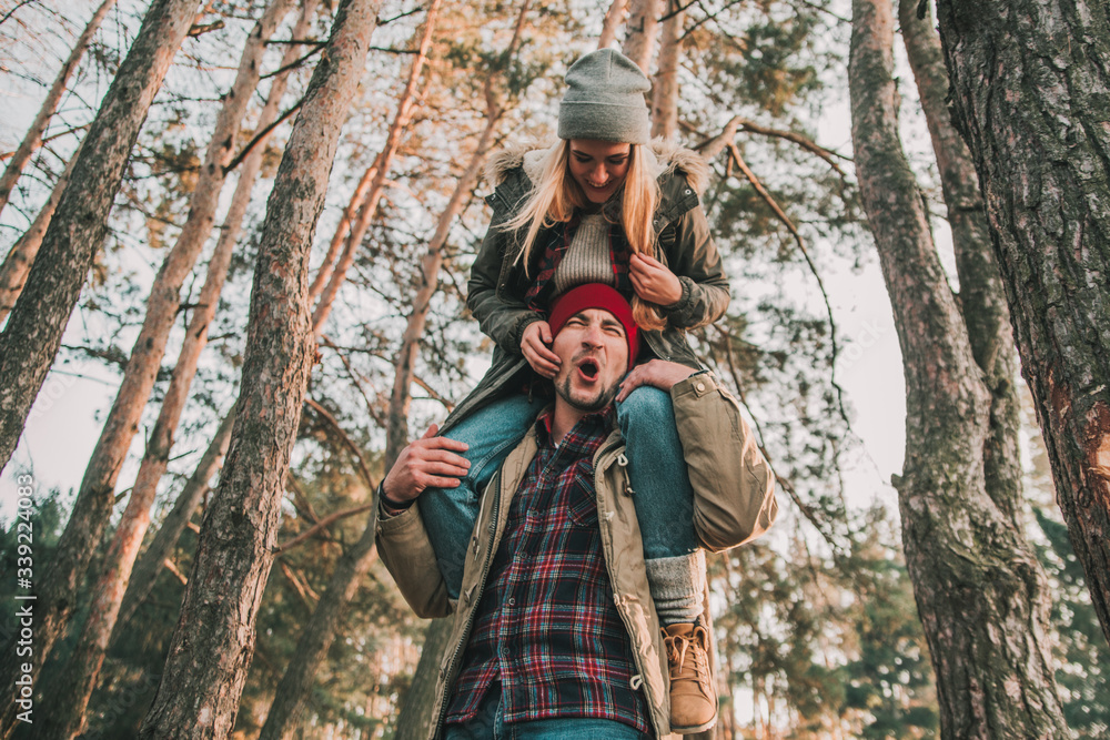 Couple travelers is so fun in the forest. Concept of trekking, adventure and seasonal vacation. Couple travelers is so fun in the forest. Concept of trekking, adventure and seasonal vacation.