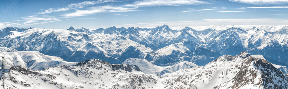 The grandiose and amazing panoramic view of freeze mountain range Alpes landscape scene from the highest nature peak panorama viewpoint. French Alps