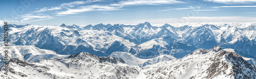 The grandiose and amazing panoramic view of freeze mountain range Alpes landscape scene from the highest nature peak panorama viewpoint. French Alps