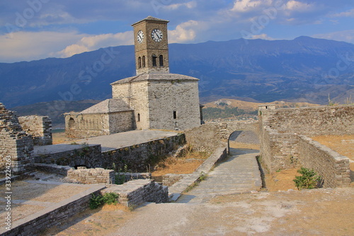 Clock tower at the medieval castle in Gjirokaster in Albania.