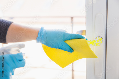 Wallpaper Mural Viruses on surfaces you contacting everyday - spreading of virus, disinfection. Danger way of epidemic. Smartphone, laptop, keyboard, tablet, table, floor, door knob. Hands on infected things. Torontodigital.ca