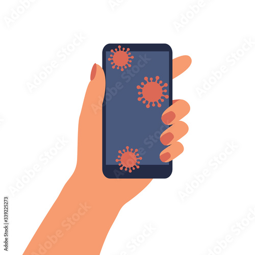 Human hand holds smartphone with Coronavirus Microbes on screen surface. Regularly wash phone with sanitize. Concept of covid epidemic and prevention viral infectious disease. Vector illustration.