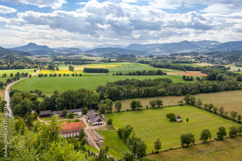 top view of the Alpine mountains, agricultural fields, Austria