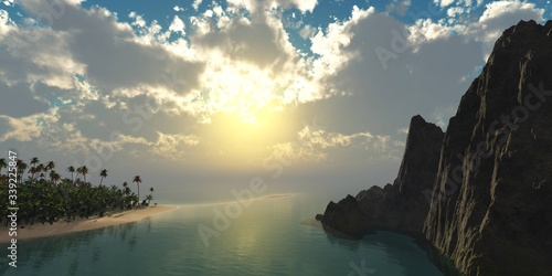 Tropical coast with palm trees at sunset, stormy sky and tropical beach, rocks and shore with palm trees at sunset, 3D rendering