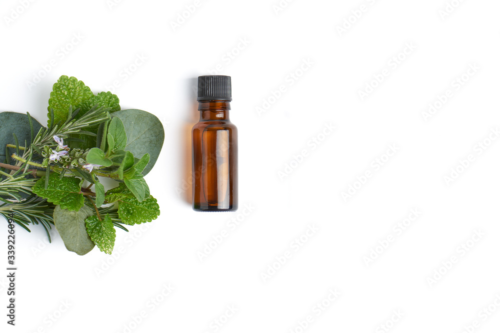 Bottle with herb essential oil on white background. Herbs bouquet. Bottle with herb essential oil on white background. Herbs bouquet.