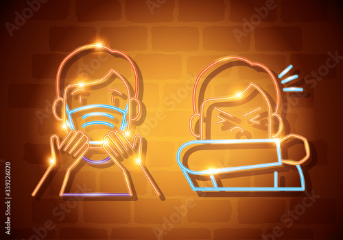 men using face mask for 2019 ncov of neon light vector illustration design