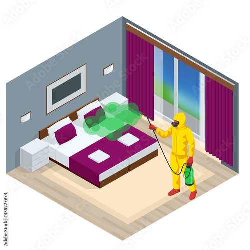 Isometric man wearing a protective suit disinfects bedroom with a spray gun. Virus pandemic COVID-19. Prevention against Coronavirus disease COVID-19.