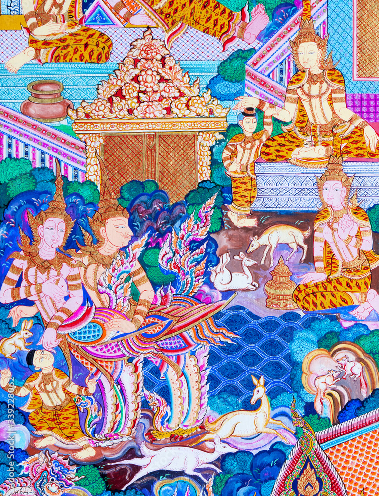 Mural painting of the history of temples in Thailand