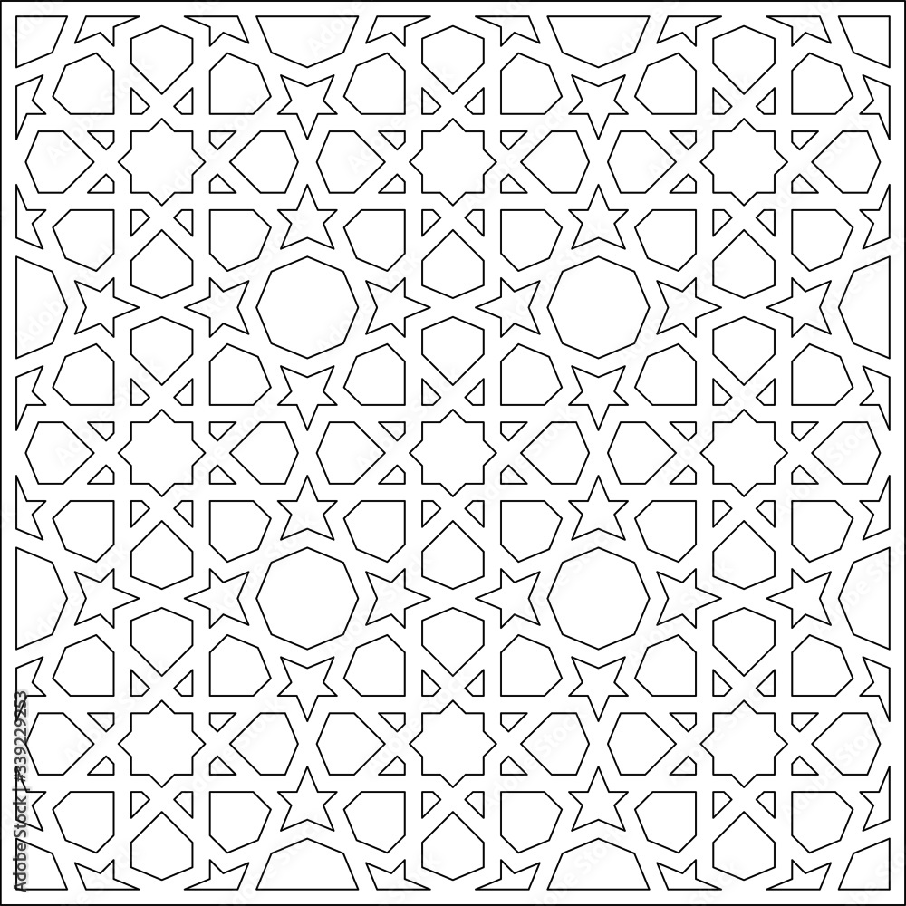 Black and white 2D CAD drawing of Islamic pattern. Islamic patterns use elements of geometry that are repeated in their designs. Black and white 2D CAD drawing of Islamic pattern. Islamic patterns use elements of geometry that are repeated in their designs.