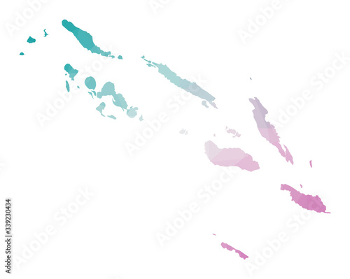 Polygonal map of Solomon Islands. Geometric illustration of the country in emerald amethyst colors. Solomon Islands map in low poly style. Technology, internet, network concept. Vector illustration.
