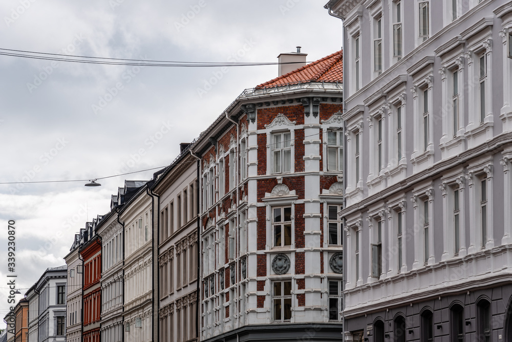 Typical residential buildings in street in in Grunerlokka, a trendy hipster neighborhood in central Oslo